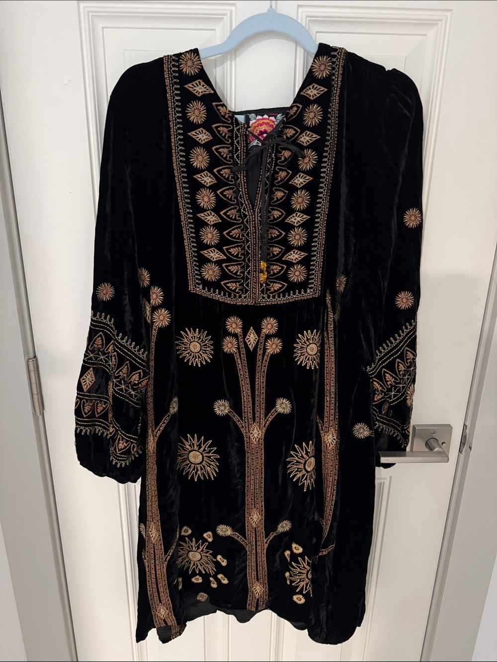 Johnny Was Black Velvet Midi Dress with Gold Embroidery